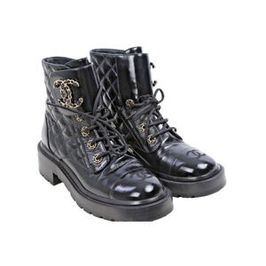 CHANEL Black Quilted Patent Leather CC Logo Lace Up Combat Boots Women’s Size 36